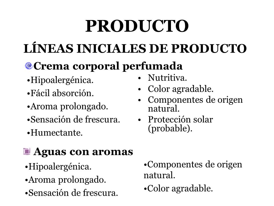 PRODUCTO LÍNEAS INICIALES DE PRODUCTO Crema corporal perfumada