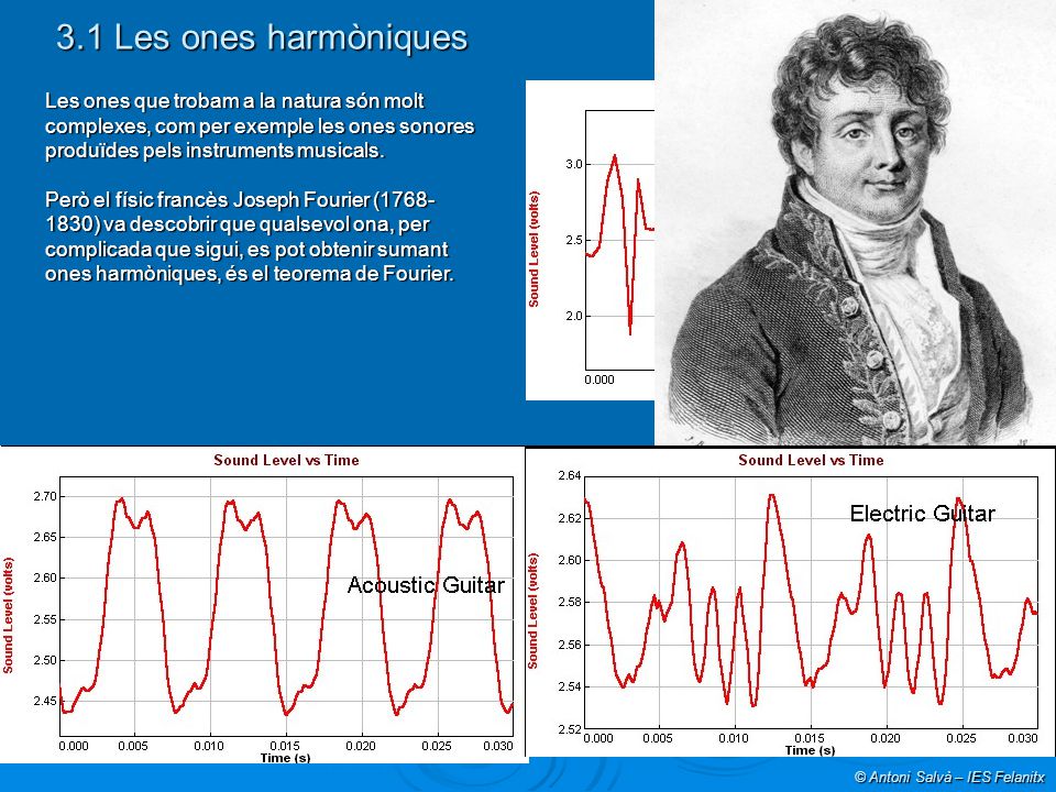 3.1 Les ones harmòniques Les ones que trobam a la natura són molt complexes, com per exemple les ones sonores produïdes pels instruments musicals.
