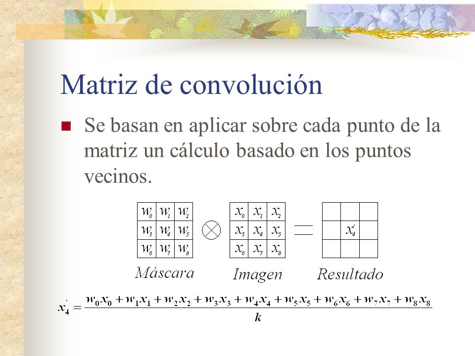 Matriz de convolución Se basan en aplicar sobre cada punto de la matriz un cálculo basado en los puntos vecinos.