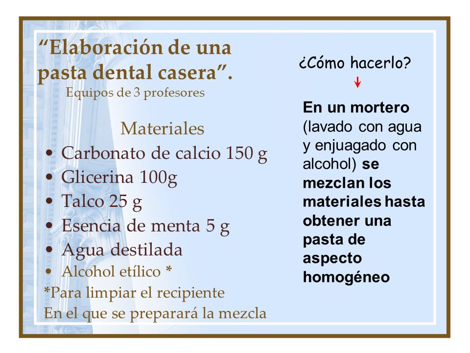 Elaboración de una pasta dental casera . Equipos de 3 profesores