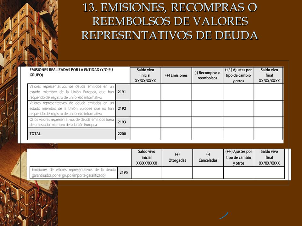 13. EMISIONES, RECOMPRAS O REEMBOLSOS DE VALORES REPRESENTATIVOS DE DEUDA