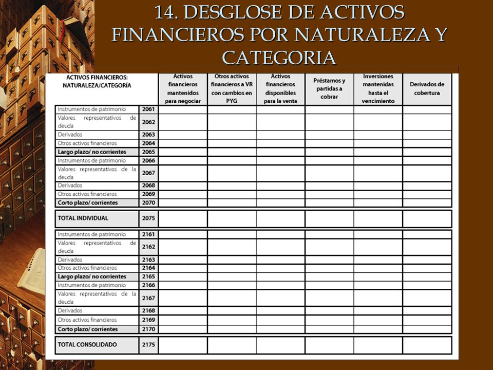 14. DESGLOSE DE ACTIVOS FINANCIEROS POR NATURALEZA Y CATEGORIA