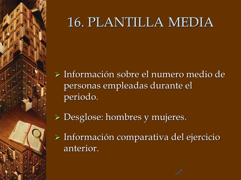 16. PLANTILLA MEDIA Información sobre el numero medio de personas empleadas durante el periodo. Desglose: hombres y mujeres.