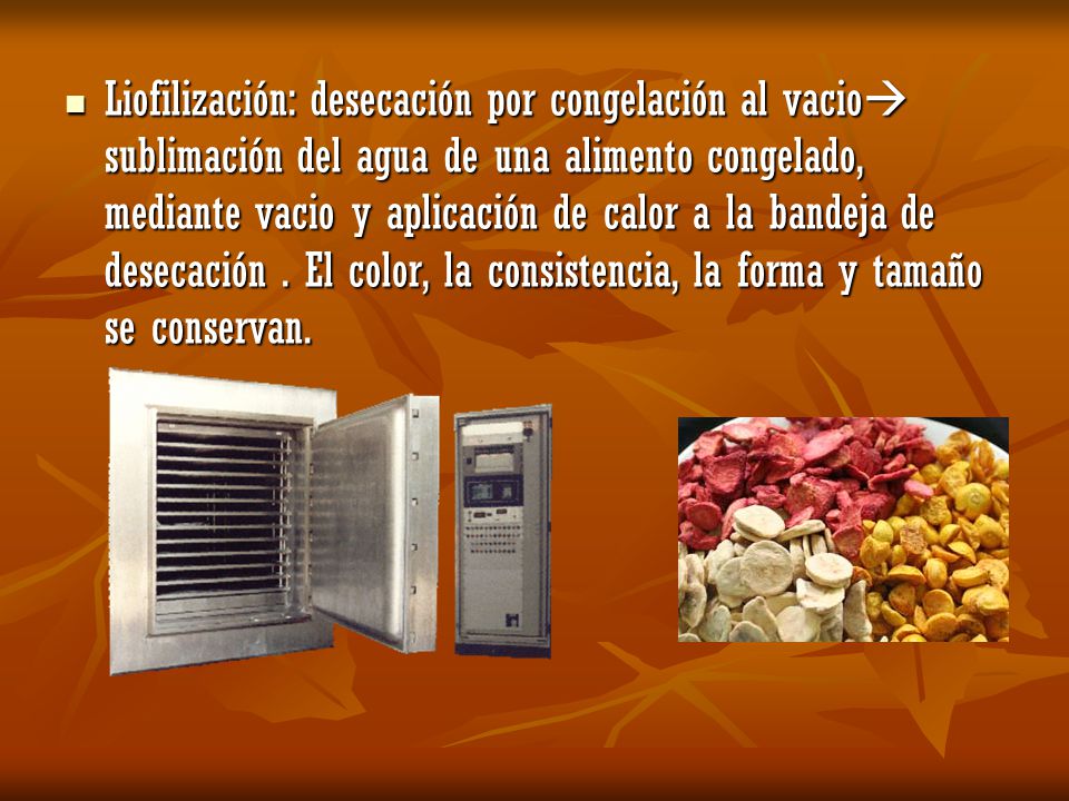 Liofilización: desecación por congelación al vacio sublimación del agua de una alimento congelado, mediante vacio y aplicación de calor a la bandeja de desecación .