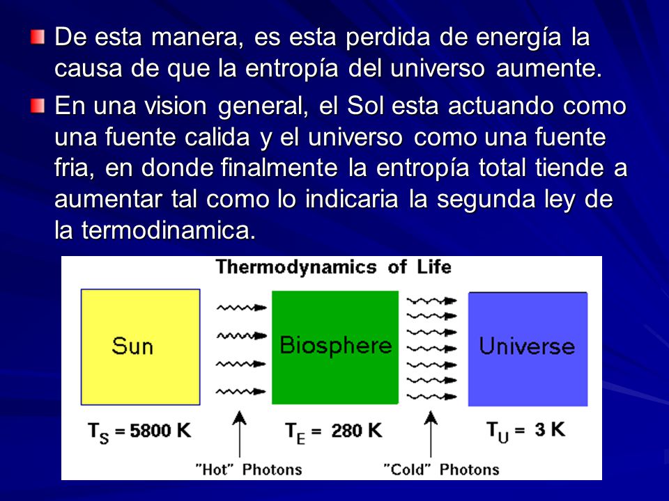 De esta manera, es esta perdida de energía la causa de que la entropía del universo aumente.