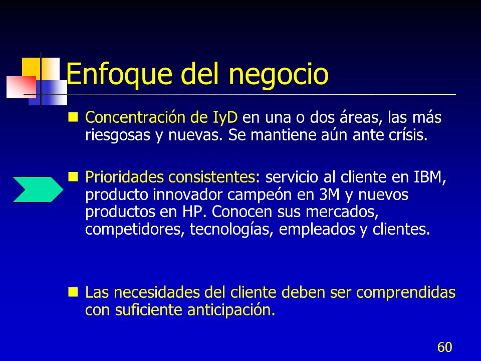 Enfoque del negocio Concentración de IyD en una o dos áreas, las más riesgosas y nuevas. Se mantiene aún ante crísis.