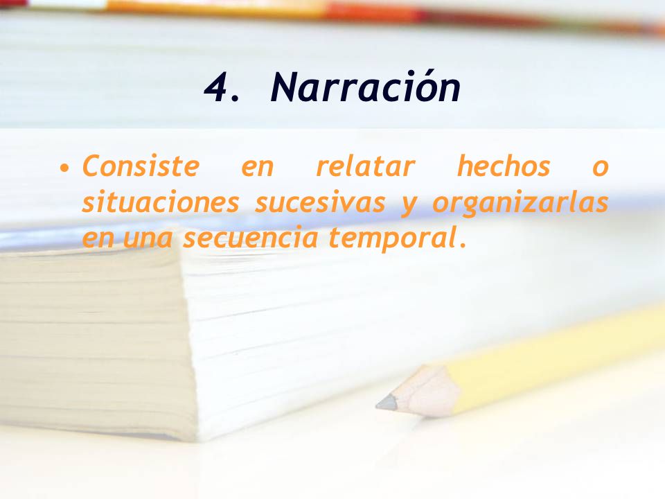 4. Narración Consiste en relatar hechos o situaciones sucesivas y organizarlas en una secuencia temporal.