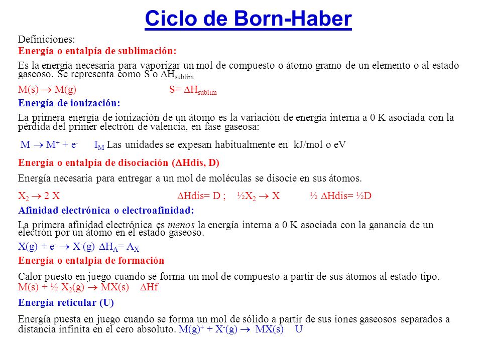 Ciclo de Born-Haber Definiciones: Energía o entalpía de sublimación: