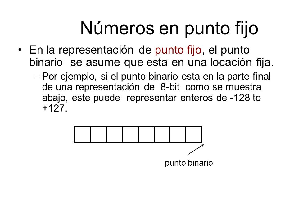 Números en punto fijo En la representación de punto fijo, el punto binario se asume que esta en una locación fija.