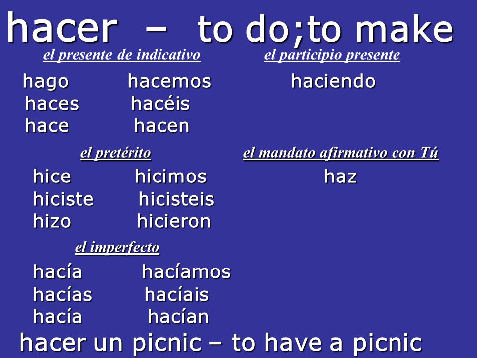 hacer – to do;to make el presente de indicativo el participio presente