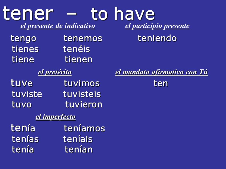 tener – to have el presente de indicativo el participio presente