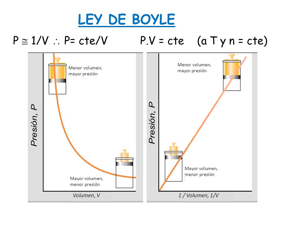 Presión, P LEY DE BOYLE P  1/V  P= cte/V P.V = cte (a T y n = cte)