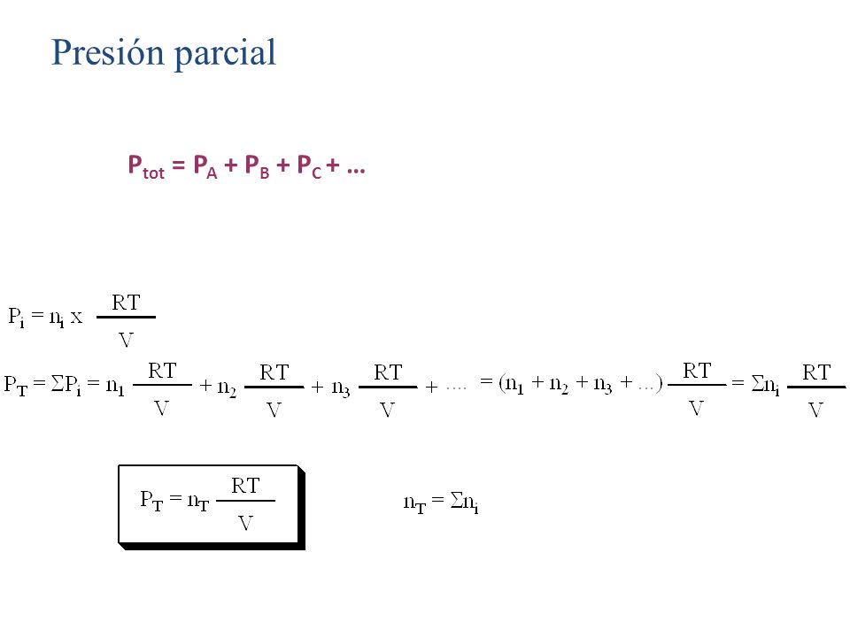 Presión parcial Ptot = PA + PB + PC + …