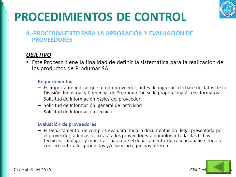 PROCEDIMIENTOS DE CONTROL