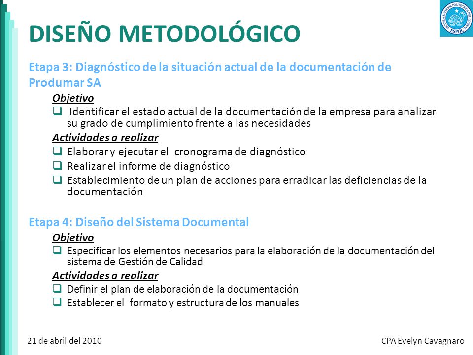 DISEÑO METODOLÓGICO Etapa 3: Diagnóstico de la situación actual de la documentación de. Produmar SA.
