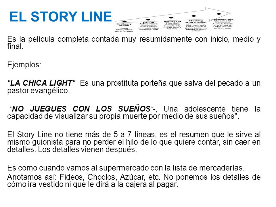 EL STORY LINE Es la película completa contada muy resumidamente con inicio, medio y final. Ejemplos: