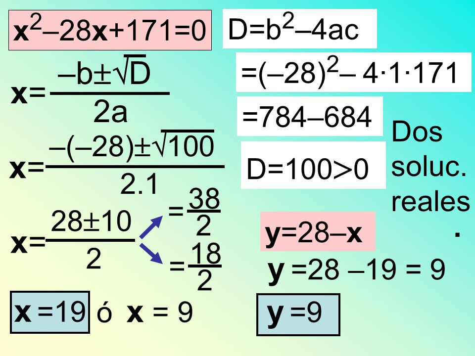–bD x= 2a 2.1 x= 2 x= y =28 –19 = 9 x =19 x = 9 y =9 x2–28x+171=0