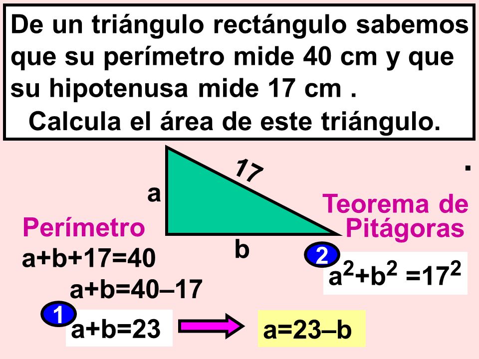 De un triángulo rectángulo sabemos que su perímetro mide 40 cm y que su hipotenusa mide 17 cm .