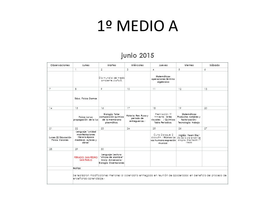 1º MEDIO A junio 2015 Observaciones Lunes Martes Miércoles Jueves