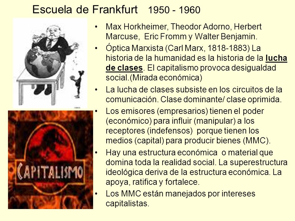 Escuela de Frankfurt Max Horkheimer, Theodor Adorno, Herbert Marcuse, Eric Fromm y Walter Benjamin.