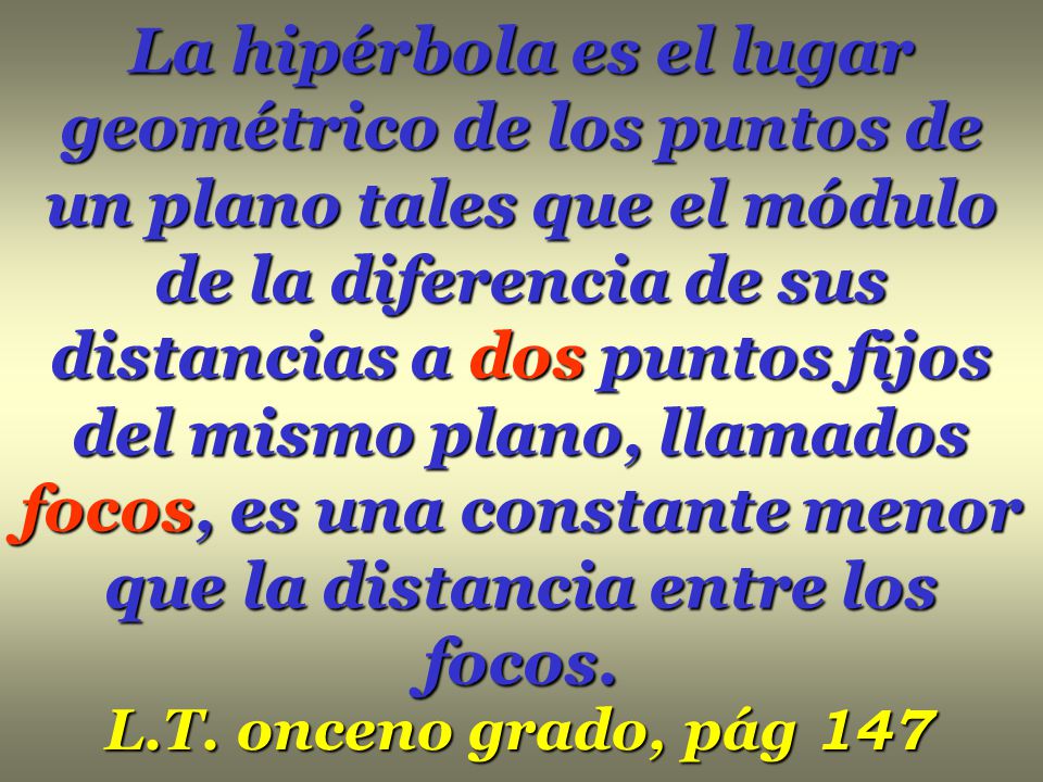 La hipérbola es el lugar geométrico de los puntos de un plano tales que el módulo de la diferencia de sus distancias a dos puntos fijos del mismo plano, llamados focos, es una constante menor que la distancia entre los focos.