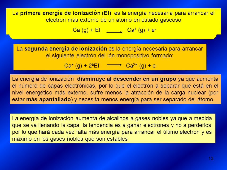 La primera energía de ionización (EI) es la energía necesaria para arrancar el electrón más externo de un átomo en estado gaseoso