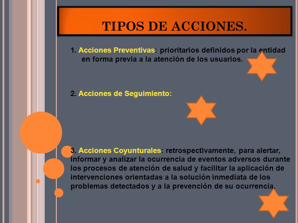 TIPOS DE ACCIONES. 1. Acciones Preventivas: prioritarios definidos por la entidad en forma previa a la atención de los usuarios.
