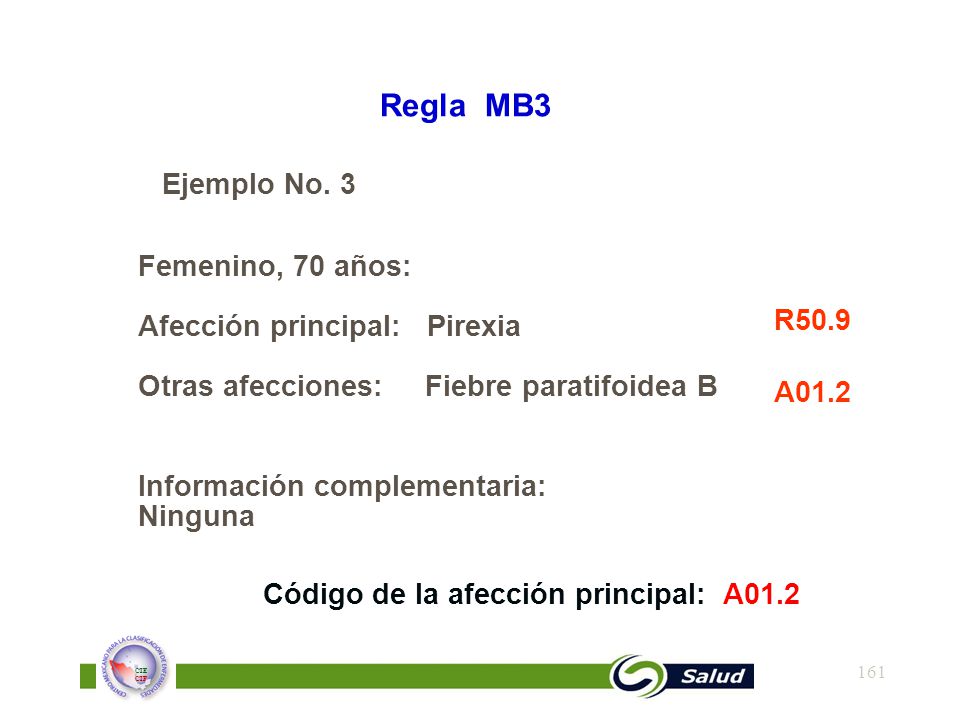 Regla MB3 Ejemplo No. 3. Femenino, 70 años: Afección principal: Pirexia Otras afecciones: Fiebre paratifoidea B.