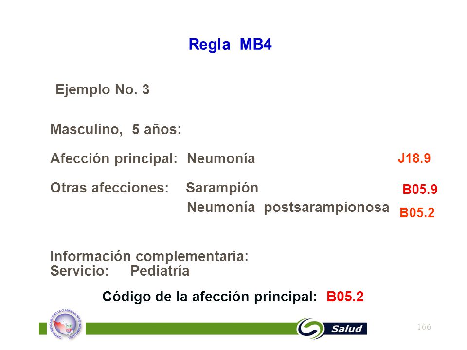 Regla MB4 Ejemplo No. 3. Masculino, 5 años: Afección principal: Neumonía Otras afecciones: Sarampión.