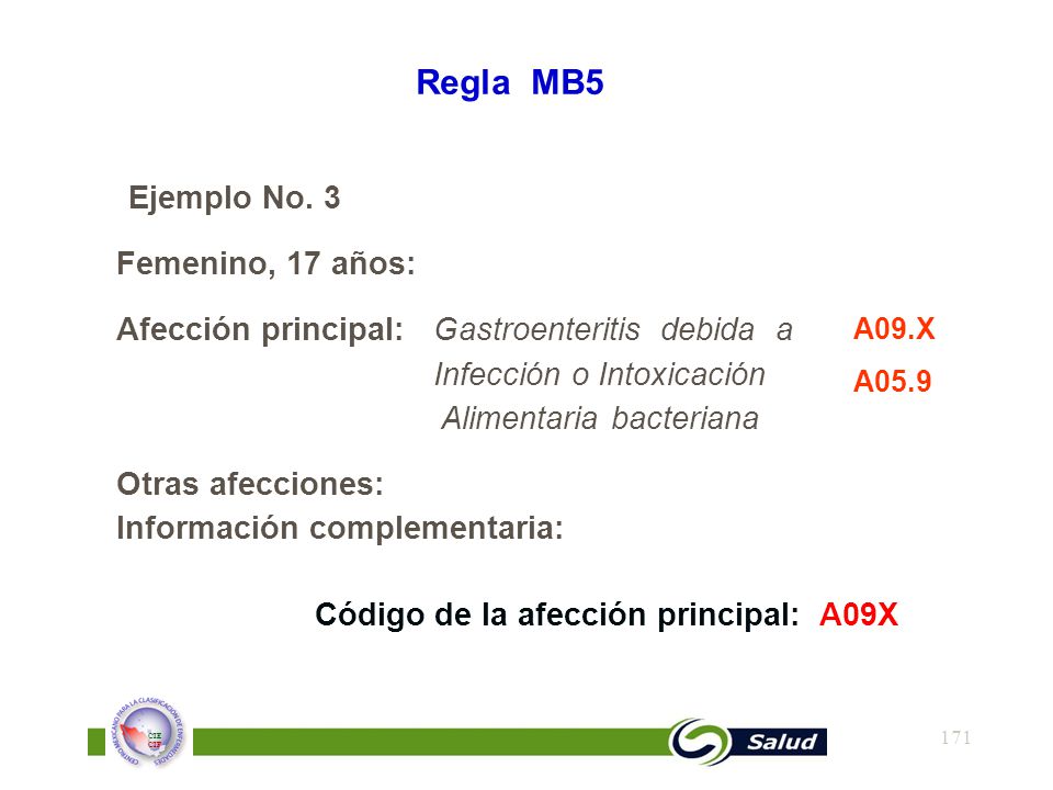 Regla MB5 Ejemplo No. 3. Femenino, 17 años: Afección principal: Gastroenteritis debida a. Infección o Intoxicación.