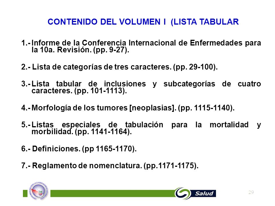 CONTENIDO DEL VOLUMEN I (LISTA TABULAR)