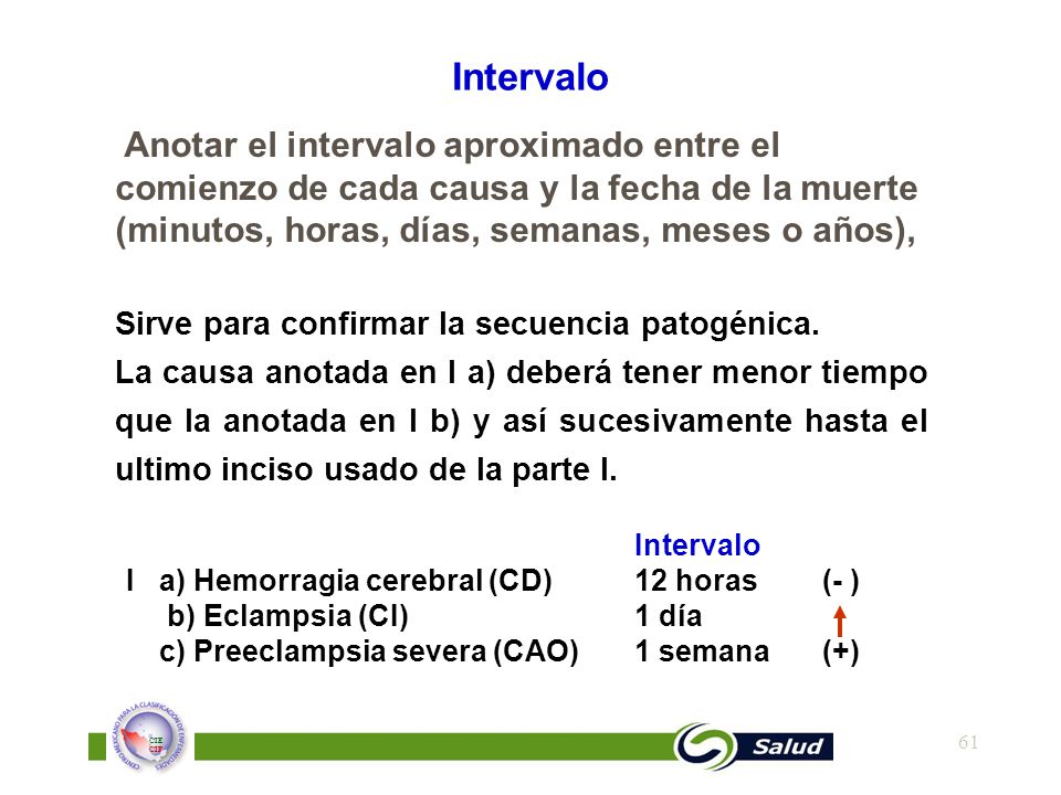 Intervalo Anotar el intervalo aproximado entre el comienzo de cada causa y la fecha de la muerte (minutos, horas, días, semanas, meses o años),