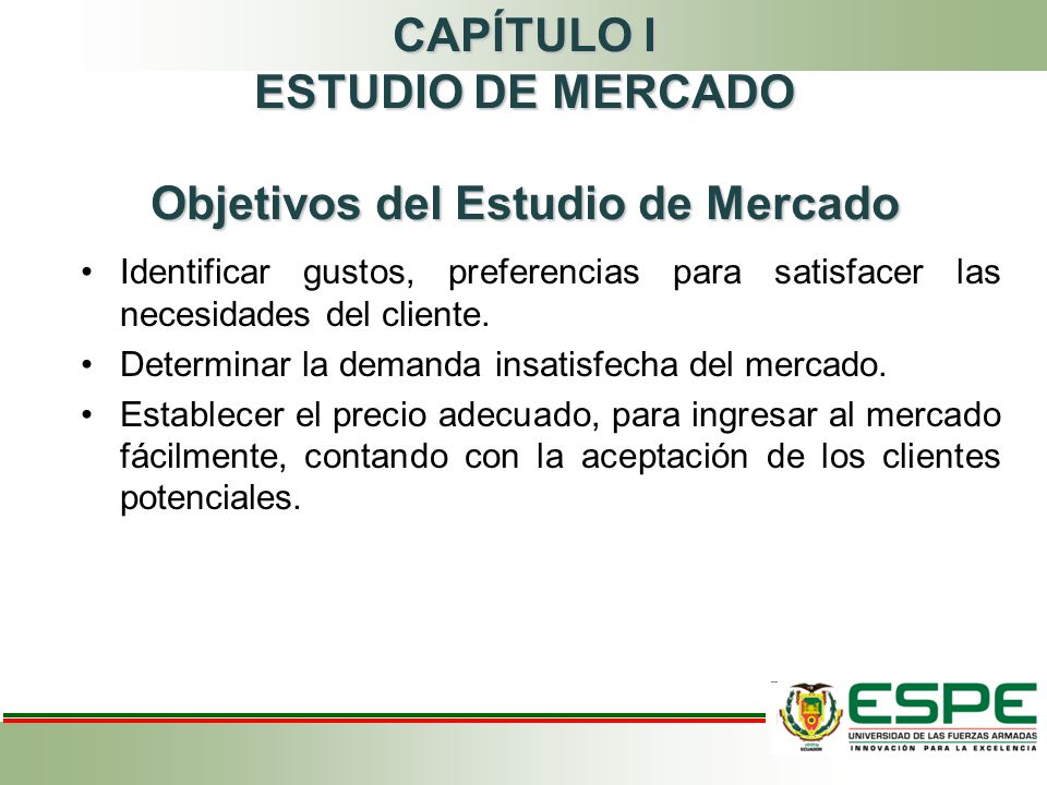 CAPÍTULO I ESTUDIO DE MERCADO Objetivos del Estudio de Mercado
