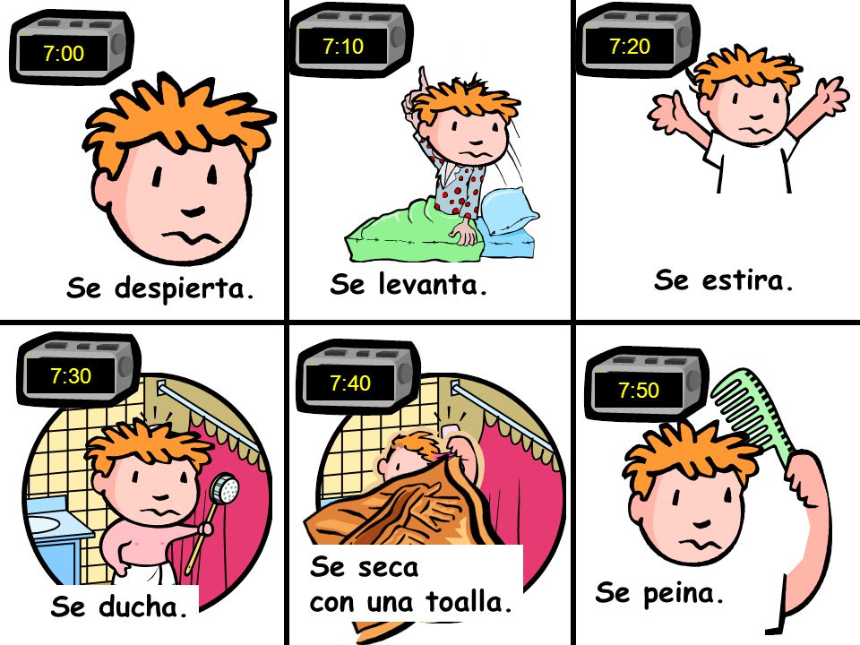 Se estira. Se levanta. Se despierta. Se seca con una toalla. Se peina.