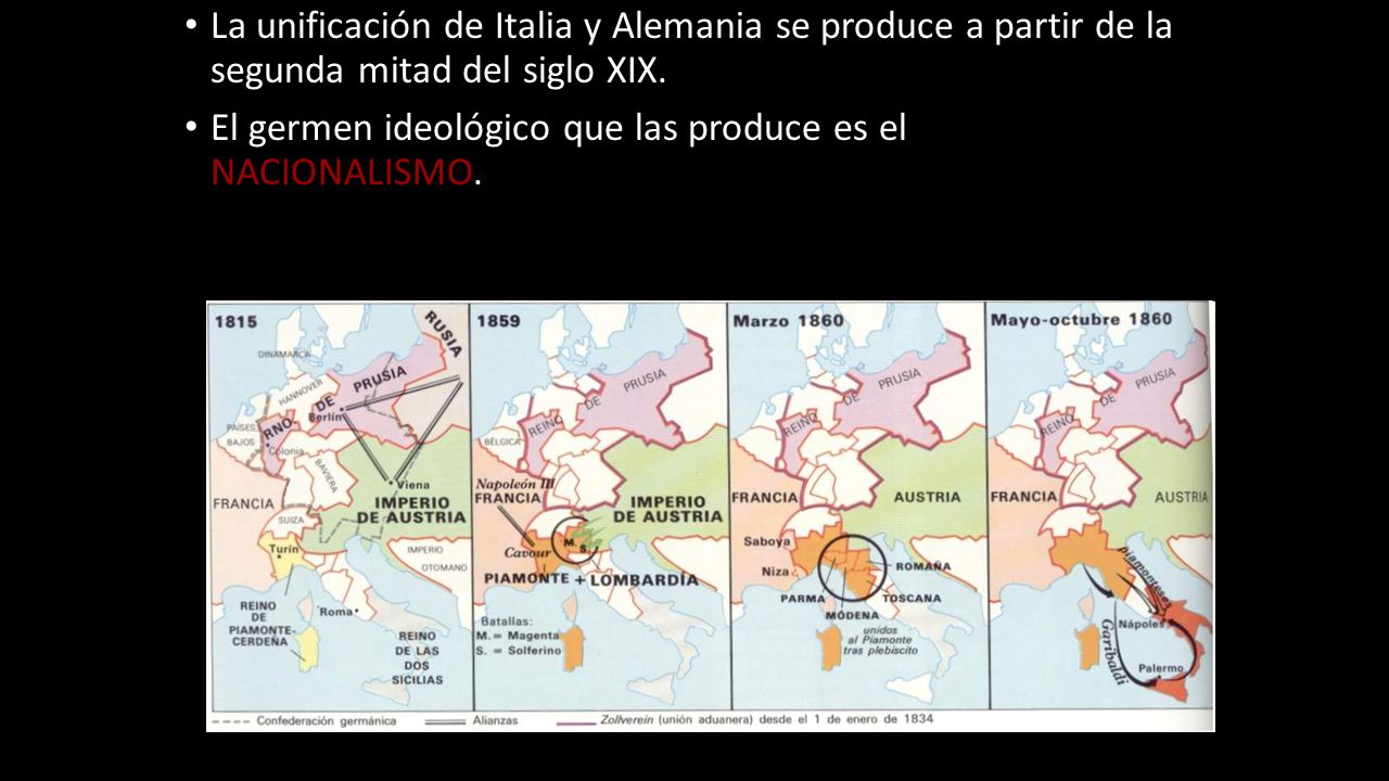 La unificación de Italia y Alemania se produce a partir de la segunda mitad del siglo XIX.