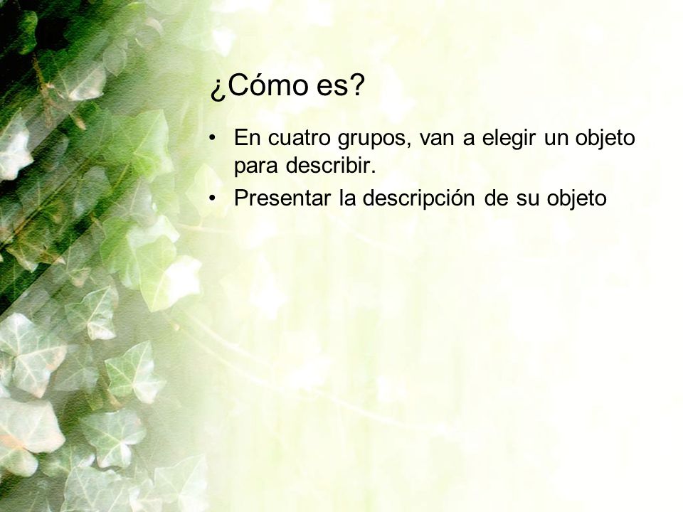 ¿Cómo es En cuatro grupos, van a elegir un objeto para describir.