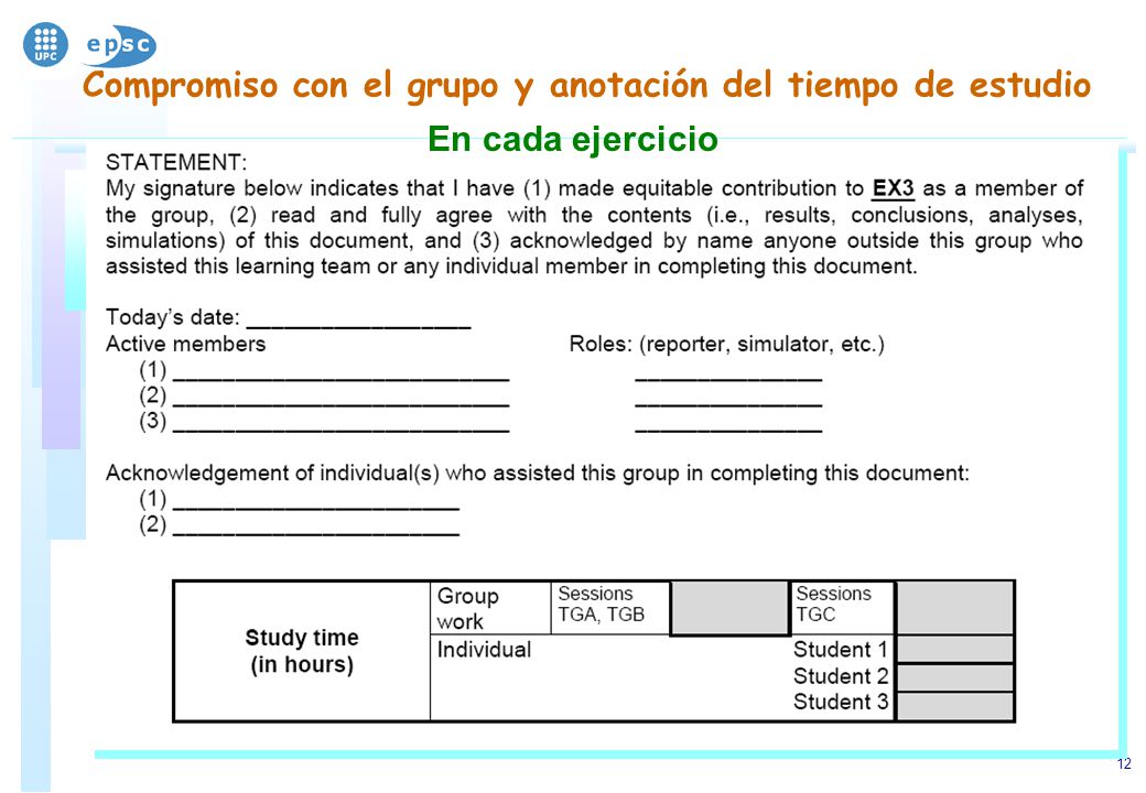 Compromiso con el grupo y anotación del tiempo de estudio
