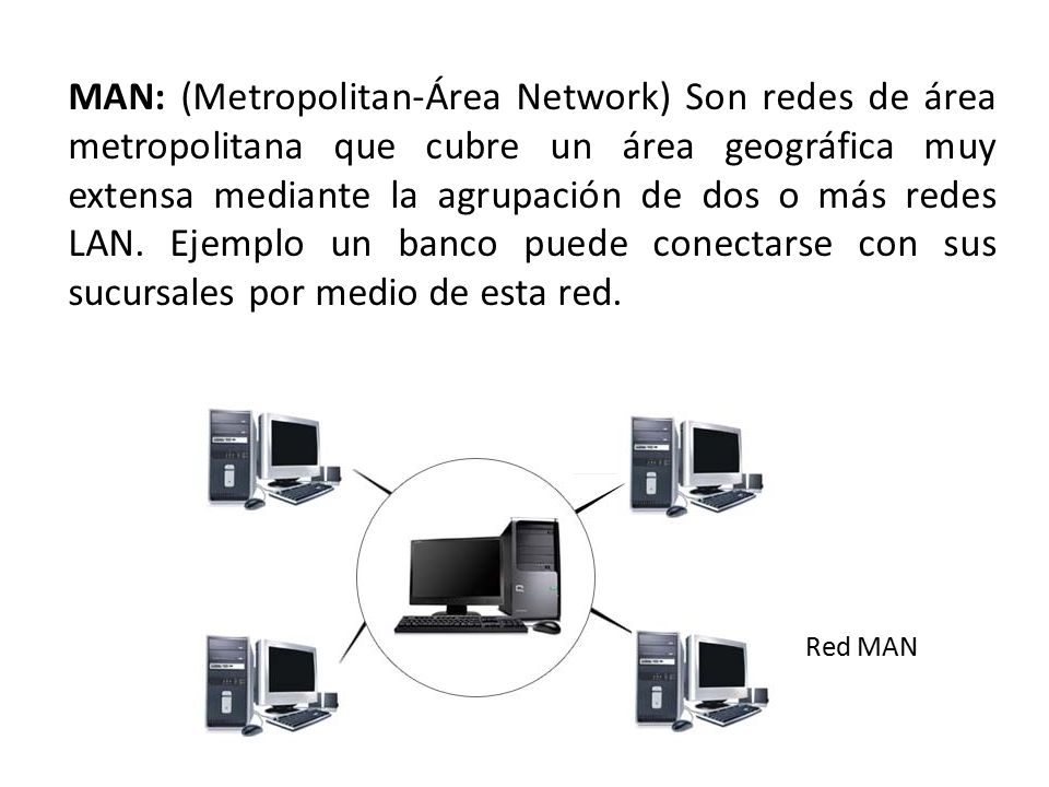 MAN: (Metropolitan-Área Network) Son redes de área metropolitana que cubre un área geográfica muy extensa mediante la agrupación de dos o más redes LAN. Ejemplo un banco puede conectarse con sus sucursales por medio de esta red.