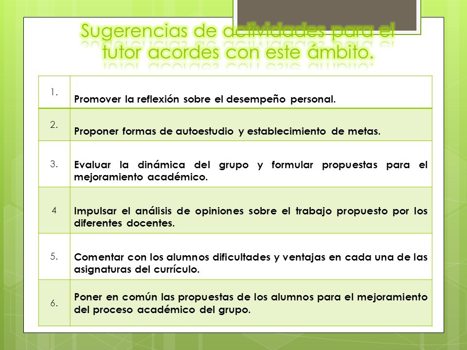 Sugerencias de actividades para el tutor acordes con este ámbito.