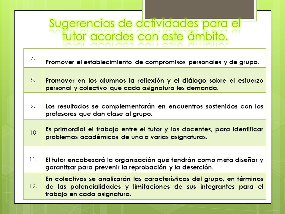 Sugerencias de actividades para el tutor acordes con este ámbito.