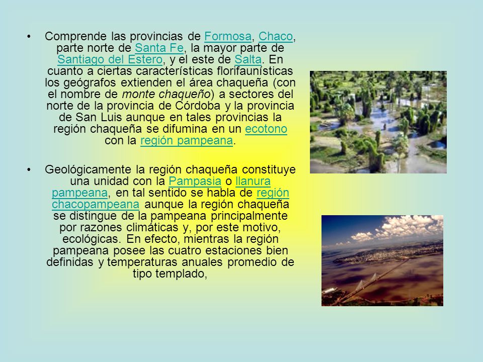 Comprende las provincias de Formosa, Chaco, parte norte de Santa Fe, la mayor parte de Santiago del Estero, y el este de Salta. En cuanto a ciertas características florifaunísticas los geógrafos extienden el área chaqueña (con el nombre de monte chaqueño) a sectores del norte de la provincia de Córdoba y la provincia de San Luis aunque en tales provincias la región chaqueña se difumina en un ecotono con la región pampeana.