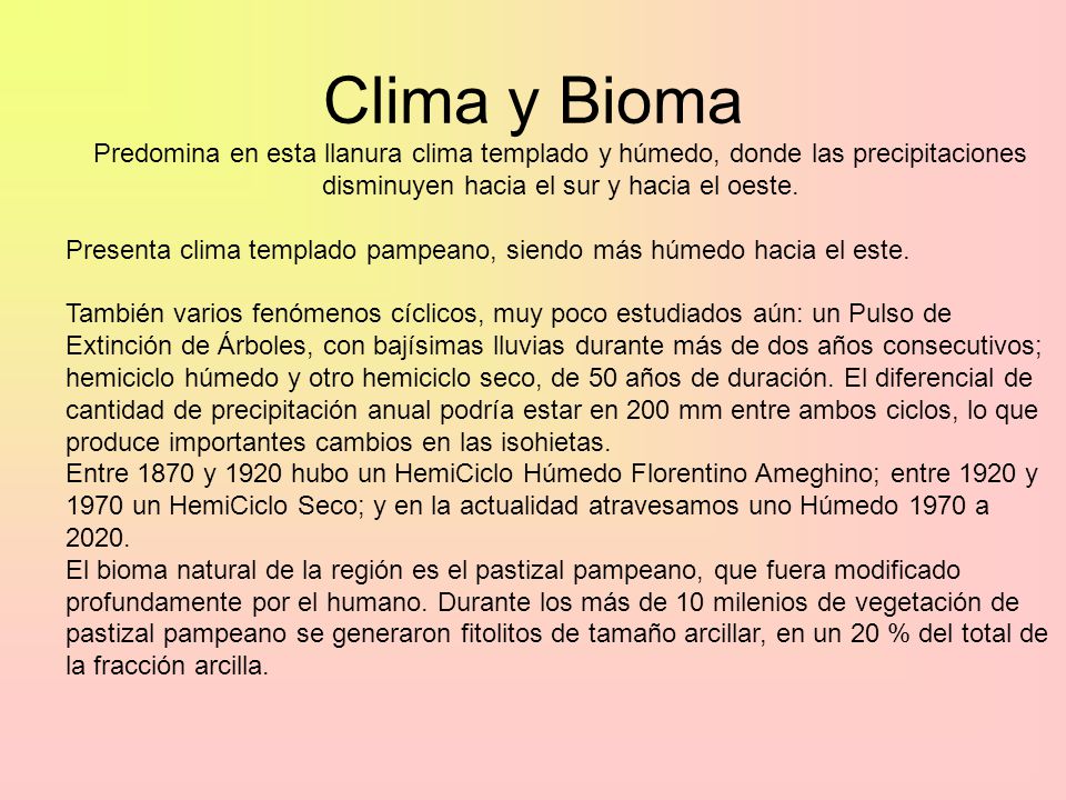 Clima y Bioma Predomina en esta llanura clima templado y húmedo, donde las precipitaciones disminuyen hacia el sur y hacia el oeste.