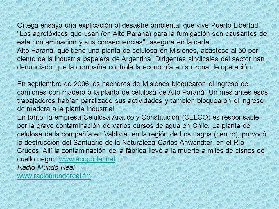 Ortega ensaya una explicación al desastre ambiental que vive Puerto Libertad. Los agrotóxicos que usan (en Alto Paraná) para la fumigación son causantes de esta contaminación y sus consecuencias , asegura en la carta.