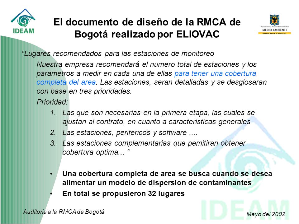 El documento de diseño de la RMCA de Bogotá realizado por ELIOVAC