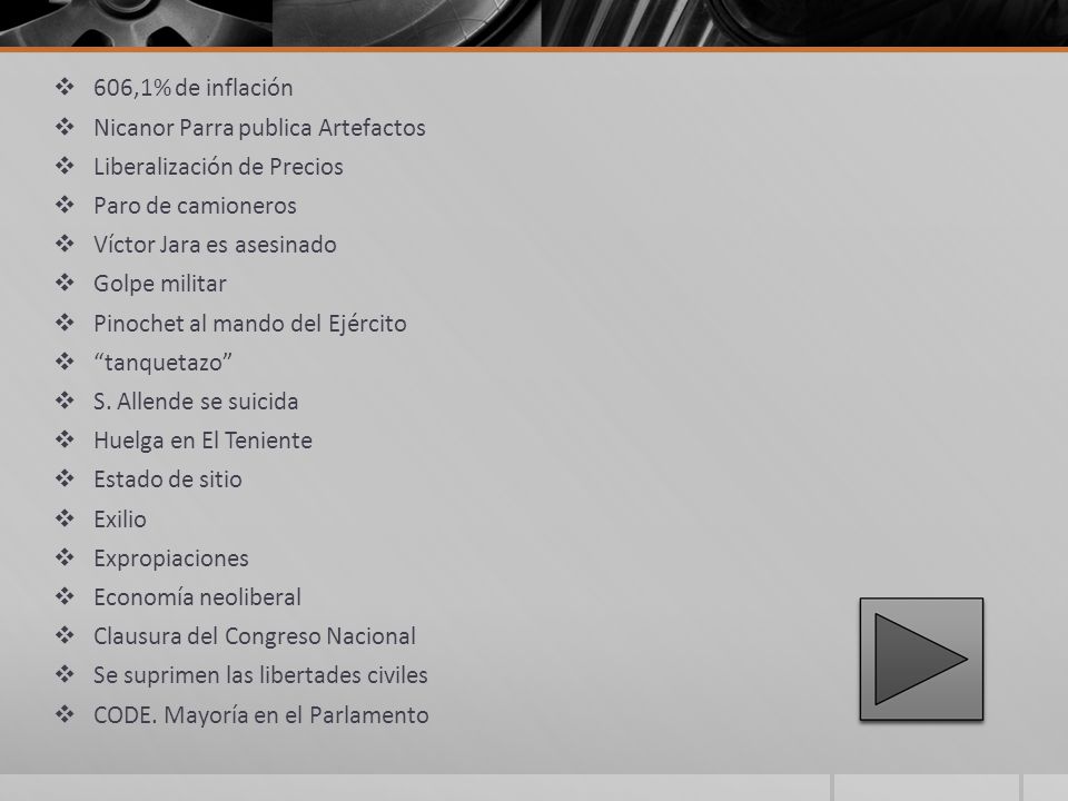 606,1% de inflación Nicanor Parra publica Artefactos. Liberalización de Precios. Paro de camioneros.