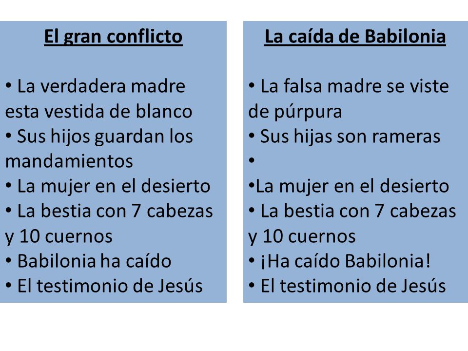 El gran conflicto La verdadera madre esta vestida de blanco. Sus hijos guardan los mandamientos. La mujer en el desierto.