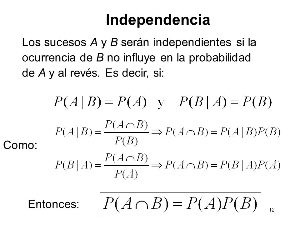 Independencia Los sucesos A y B serán independientes si la