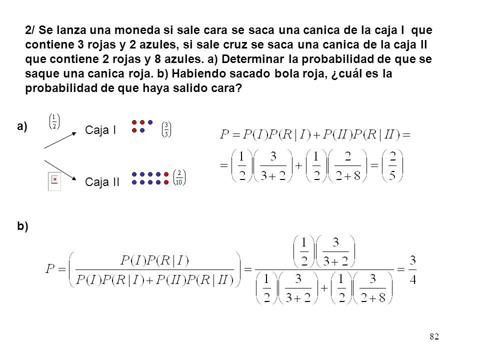 2/ Se lanza una moneda si sale cara se saca una canica de la caja I que contiene 3 rojas y 2 azules, si sale cruz se saca una canica de la caja II que contiene 2 rojas y 8 azules. a) Determinar la probabilidad de que se saque una canica roja. b) Habiendo sacado bola roja, ¿cuál es la probabilidad de que haya salido cara