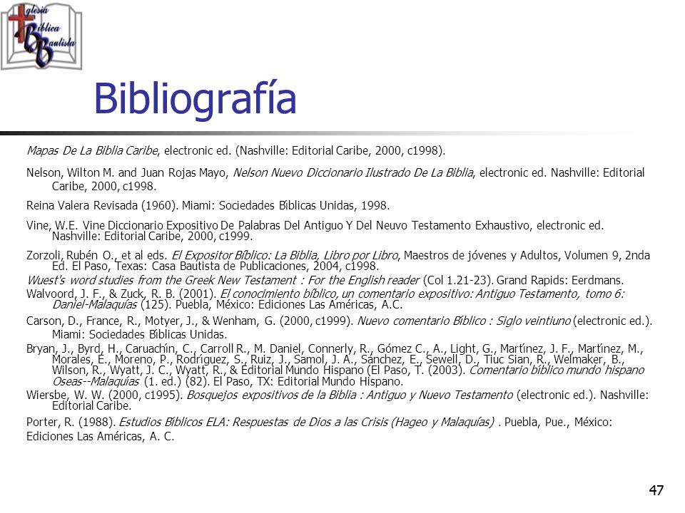 Bibliografía Mapas De La Biblia Caribe, electronic ed. (Nashville: Editorial Caribe, 2000, c1998).