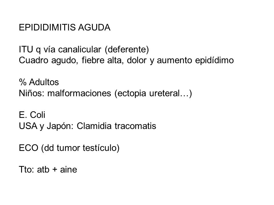 EPIDIDIMITIS AGUDA ITU q vía canalicular (deferente) Cuadro agudo, fiebre alta, dolor y aumento epidídimo.